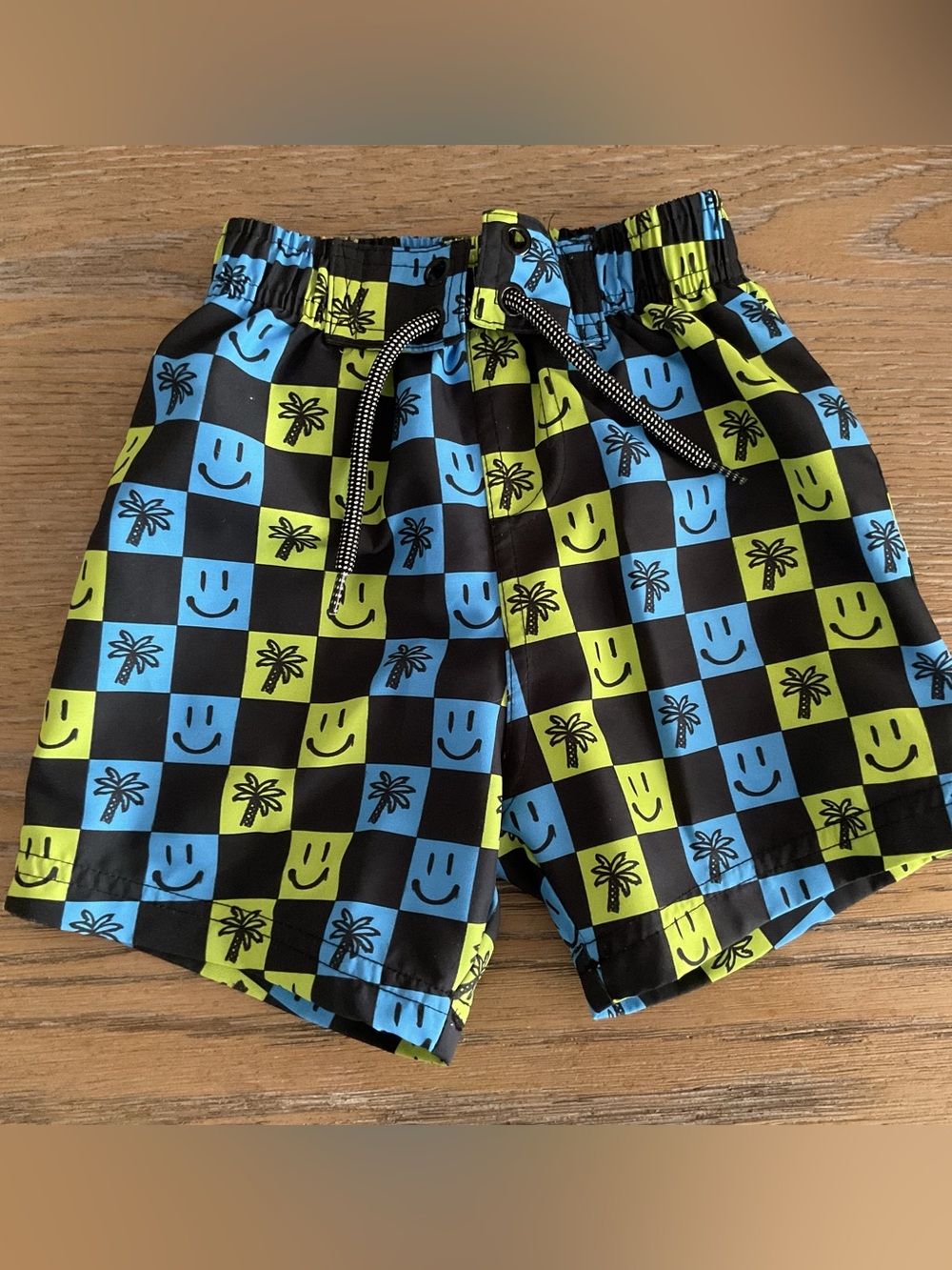 MISH Kids Swim Shorts in Blue, Yellow and Black Check Smiley Print SIZE 3